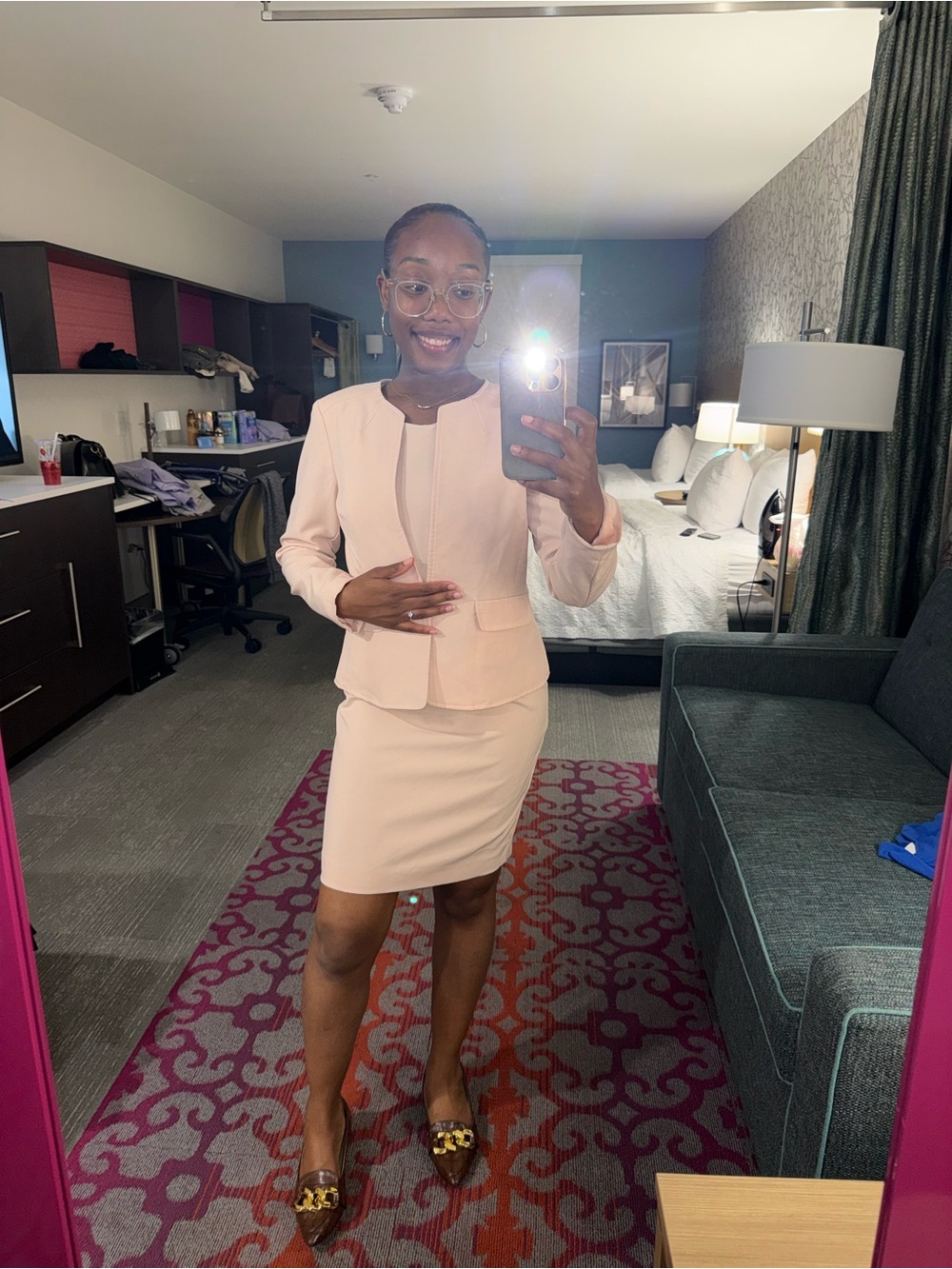 Le Suit Blush Pink Peplum Two-Piece Blazer and Skirt